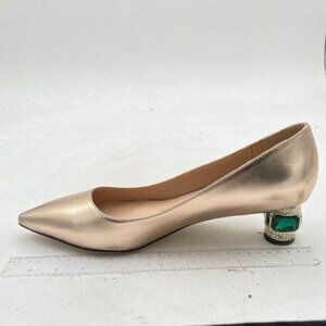 FSJ Gold Women Bridal Pointed Toe Chunky Block Low Heel Crystal Pumps